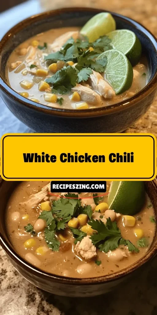 Cozy up with a bowl of Hearty White Chicken Chili Delight, a lighter twist on traditional chili that's rich in flavor and nutrients! Made with lean chicken breast, creamy white beans, and aromatic spices, this dish is perfect for any occasion. Enjoy it on a chilly evening or at your next gathering. Dive into this comforting recipe that promises warmth and happiness in every bite. #WhiteChickenChili #ComfortFood #HealthyEating #HomeCooking #ChiliNight