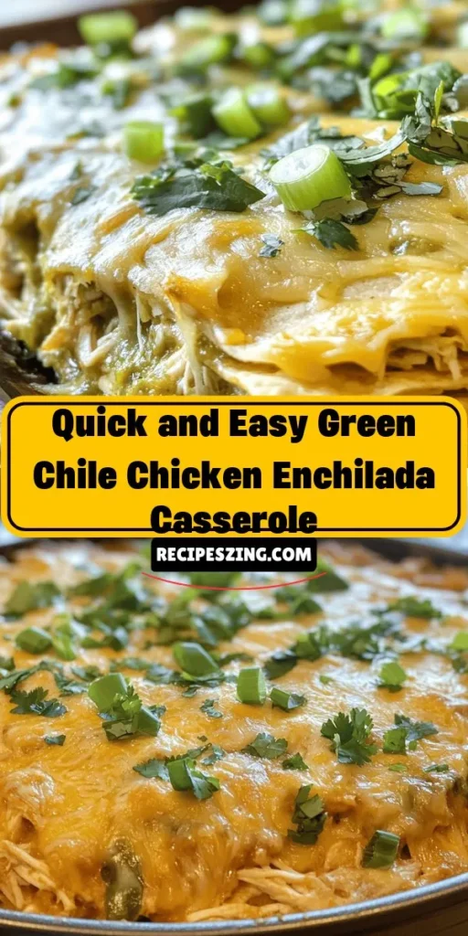 Discover the comfort of home cooking with this Spicy Delight: Quick and Easy Green Chile Chicken Enchilada Casserole! Packed with shredded chicken, zesty green enchilada sauce, and topped with gooey cheese, it's perfect for busy nights and gatherings alike. This flavorful casserole is not only a crowd-pleaser but also a healthy option loaded with proteins and vitamins. Try it today for a meal that warms the heart! #Casserole #Enchiladas #ComfortFood #MealPrep #EasyRecipes #HealthyEating