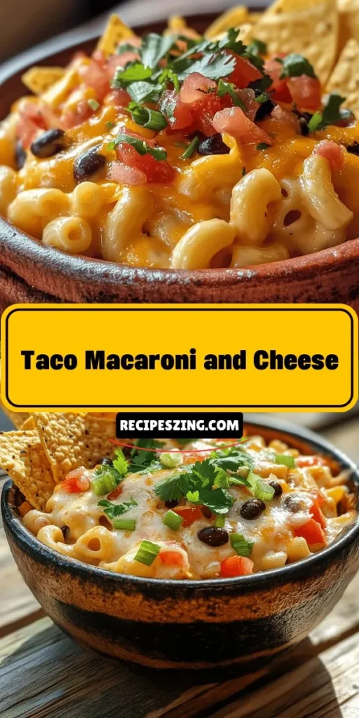 Taco Macaroni and Cheese is the ultimate comfort food that fuses creamy mac and cheese with bold taco flavors! Perfect for weeknight dinners or potlucks, this dish is easy to customize based on your taste and dietary preferences. Incorporate protein sources like beef or beans, and enjoy a colorful, hearty meal that satisfies everyone. Serve it with fresh toppings for a delightful twist! #TacoMacAndCheese #ComfortFood #FamilyDinner #RecipeIdeas #FusionFood #EasyRecipes #MealPrep