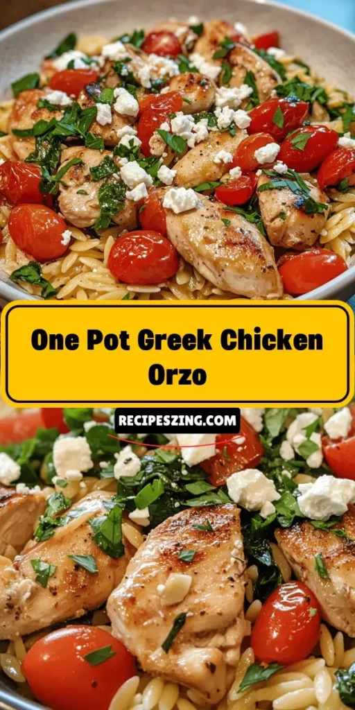 Discover the delicious flavors of Greece with this One Pot Greek Chicken Orzo recipe! This easy, nutritious dish combines tender chicken, orzo pasta, and vibrant veggies all in one pot, making cleanup a breeze. Infused with Greek herbs and topped with creamy feta, it's perfect for busy weeknights or a delightful family meal. Dive into a taste of Mediterranean cuisine that's both satisfying and wholesome. #GreekCuisine #OnePotMeal #HealthyEating #ChickenOrzo #MediterraneanDiet #EasyRecipes