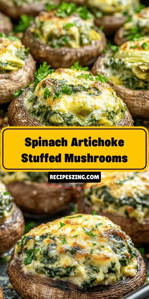 Looking for a crowd-pleasing appetizer? Try these delicious Spinach Artichoke Stuffed Mushrooms! Creamy, flavorful, and packed with nutrients, this dish blends vibrant spinach and artichokes with rich cheeses for a perfect starter. Easy to prepare and customize, they are great for parties or family meals. Impress your guests while keeping it healthy! #StuffedMushrooms #SpinachArtichoke #Appetizers #HealthyEating #PartyFood #Yum #CookingInspiration