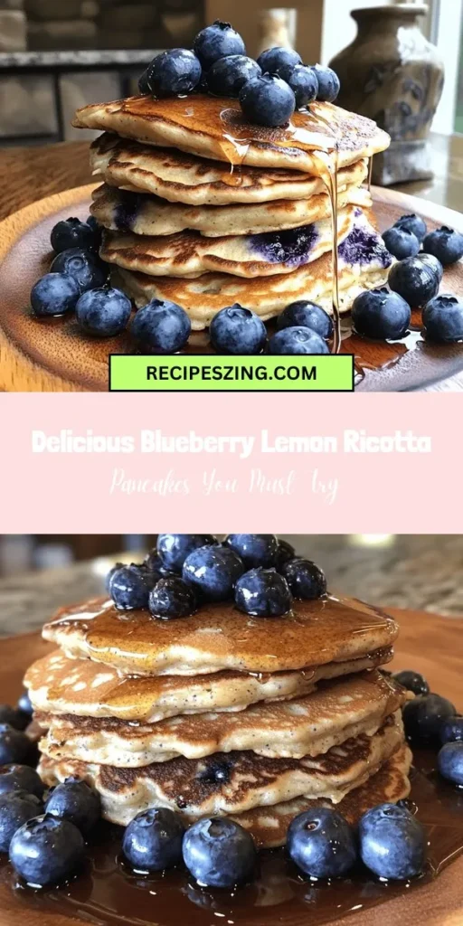 Start your day with a delicious twist on a classic! These Blueberry Lemon Ricotta Pancakes are light, fluffy, and bursting with flavor. The creamy ricotta combined with fresh blueberries and a hint of lemon makes for a nutritious and satisfying breakfast. Perfect for brunch or a special occasion, these pancakes are easy to make and sure to impress. Try them topped with maple syrup or whipped cream for an indulgent treat! #PancakeRecipe #BreakfastIdeas #Brunch #HealthyEating #Blueberries #Lemon #RicottaPancakes #Yummy