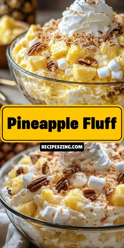 Discover the tropical delight of Pineapple Fluff Delight, a simple no-bake dessert that's perfect for any occasion! This creamy, light treat combines crushed pineapple, vanilla pudding, and whipped topping for a refreshing taste reminiscent of summer gatherings. Easy to prepare and loved by all ages, it's sure to impress your guests. Try it today for a sweet taste of nostalgia! #PineappleFluff #NoBakeDessert #SweetTreat #SummerDessert #TropicalFlavors