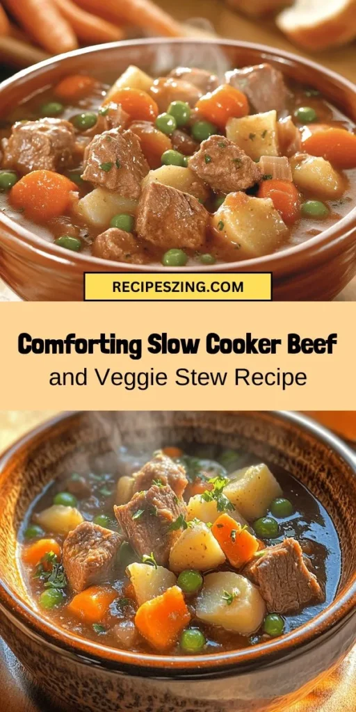 Warm up with a bowl of Hearty Slow Cooker Beef and Veggie Delight! This comforting stew combines tender beef, fresh vegetables, and aromatic herbs, simmered to perfection. Perfect for meal prep or a cozy family dinner, this dish delivers rich flavors with minimal effort. Enjoy the nourishing goodness that's easy to make and even better to share. Discover the joy of slow cooking today! #BeefStew #SlowCookerRecipes #ComfortFood #HealthyMeals #HomeCooking #MealPrep #FamilyDinner