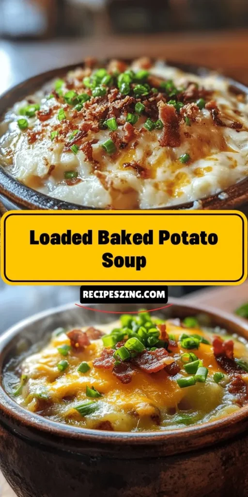 Warm up your kitchen with a bowl of Creamy Loaded Baked Potato Soup, a comforting classic perfect for any season! This rich and creamy soup combines russet potatoes, savory bacon, tangy sour cream, and sharp cheddar cheese for a flavor explosion. Ideal for a family gathering or cozy night in, this soup brings everyone together. Get ready to savor every spoonful! #BakedPotatoSoup #ComfortFood #SoupRecipe #HomeCooking #HeartyMeals #FoodieFavorites #CozyEats