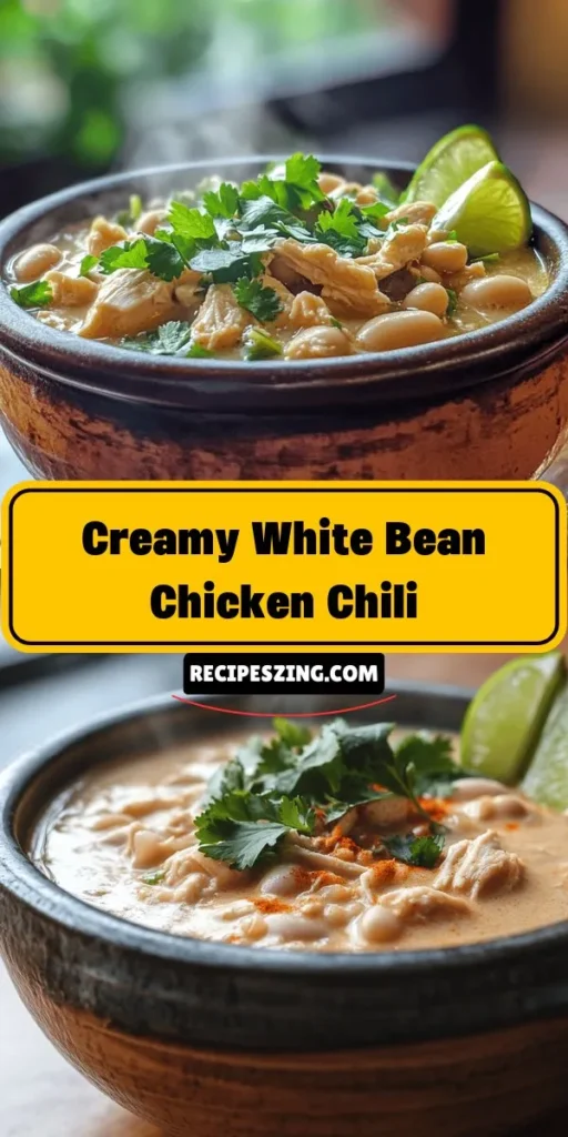 Warm up your chilly evenings with a bowl of Creamy White Bean Chicken Chili! This comforting dish combines tender chicken, creamy white beans, and a blend of spices, making it perfect for family gatherings or cozy nights in. Easy to prepare and full of flavor, you can customize it to your taste. Serve with crusty bread or a fresh salad for a satisfying meal. Try this delicious recipe today! #Chili #ComfortFood #ChickenChili #HealthyEating #CozyMeals #FallRecipes #DinnerIdeas