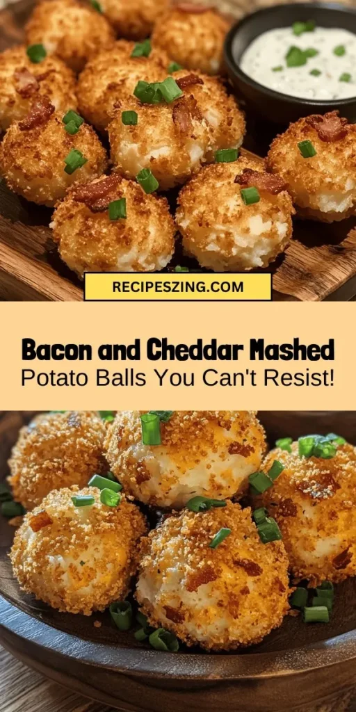 Indulge in the ultimate comfort food with these Loaded Bacon and Cheddar Mashed Potato Balls! These crispy, golden bites feature creamy mashed potatoes, smoky bacon, and sharp cheddar, making them perfect for dinner parties or game day snacks. Easy to make and irresistible, you'll love every cheesy, savory bite. Gather your friends and family for a delicious treat that everyone will rave about! #ComfortFood #PotatoBalls #BaconAndCheddar #AppetizerIdeas #FoodieFun