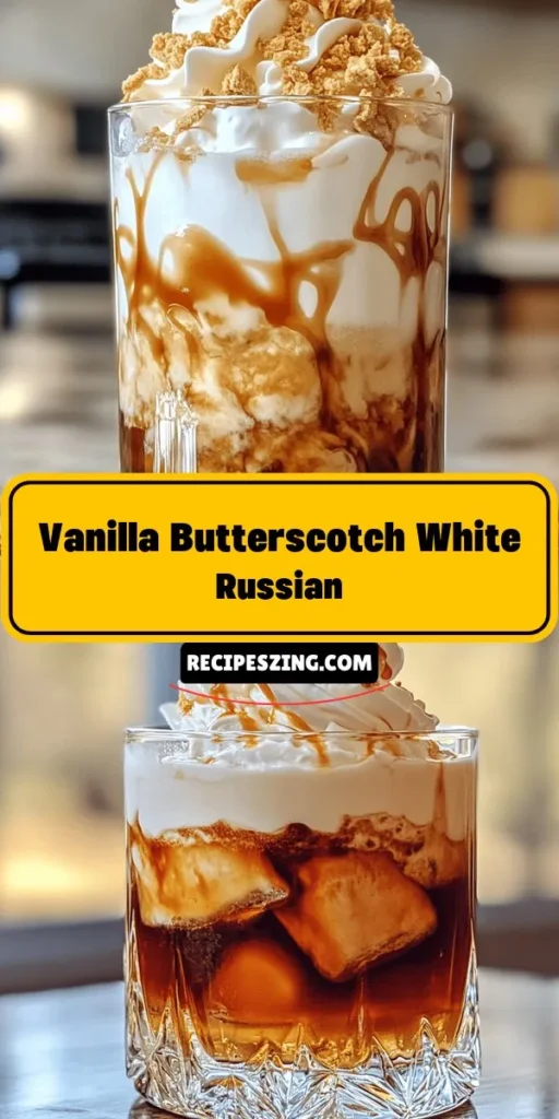 Indulge in the delightful Vanilla Butterscotch White Russian, a cocktail that perfectly blends vodka, Kahlúa, butterscotch schnapps, and creamy heavy cream for a rich and satisfying experience. This drink is perfect for cozy nights in or festive celebrations. Follow our step-by-step guide to mix this sweet, creamy treat and elevate your cocktail-making skills. Discover variations and pairing suggestions to impress your guests. #Cocktails #Mixology #VanillaButterscotch #WhiteRussian #DrinkRecipes