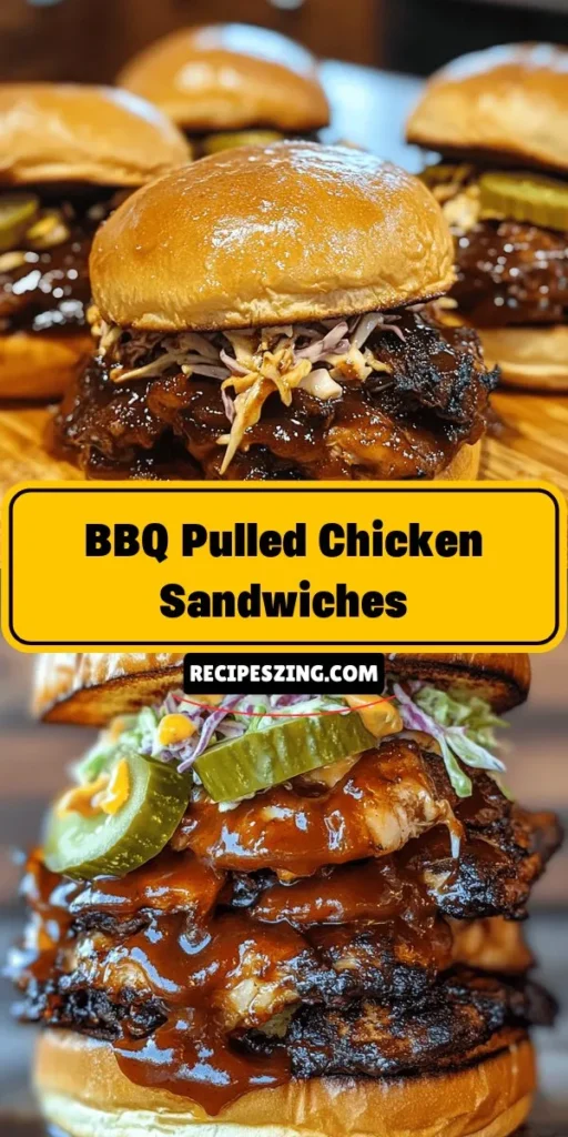 Indulge in the comforting delight of Smoky BBQ Pulled Chicken Sandwiches! This mouthwatering dish features tender, shredded chicken simmered in a rich, smoky barbecue sauce, served on soft buns. Perfect for family dinners, game days, or summer cookouts, these sandwiches are both easy to prepare and endlessly customizable. Enhance your meal with tasty toppings and sides like coleslaw and baked beans. Gather your loved ones for a delicious feast! #BBQ #PulledChicken #ComfortFood #EasyRecipes #FamilyMeals