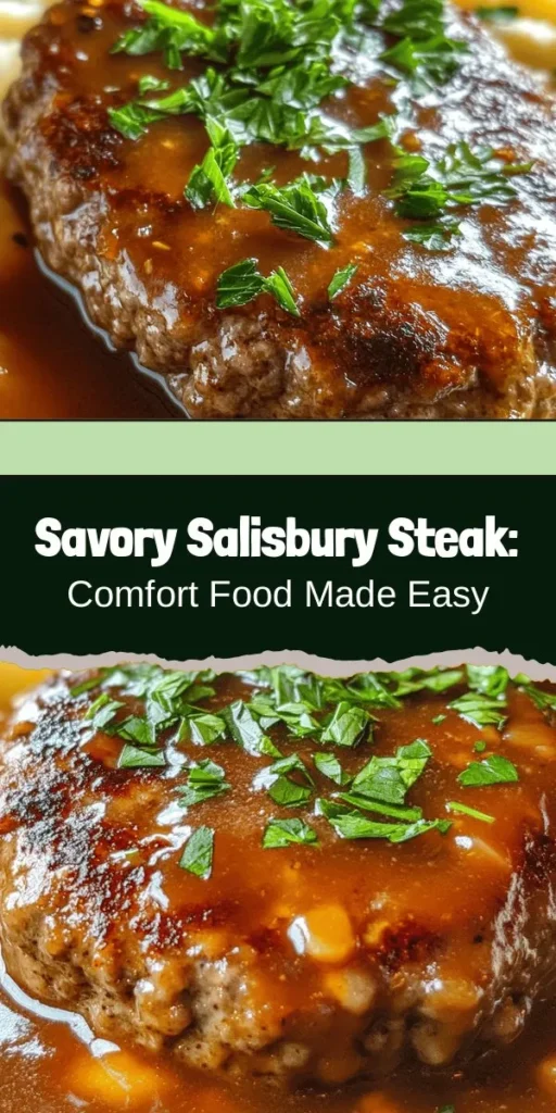 Indulge in the comforting flavors of Savory Salisbury Steak Delight! This nostalgic American classic combines juicy ground beef patties with a rich, savory gravy. Perfect for busy weeknights or special family gatherings, this easy recipe is sure to please everyone at your table. Serve it alongside creamy mashed potatoes or steamed vegetables for a heartwarming meal that evokes memories and warms the soul. #SalisburySteak #ComfortFood #FamilyDinner #Recipes #AmericanCuisine #CookingAtHome #EasyMeals