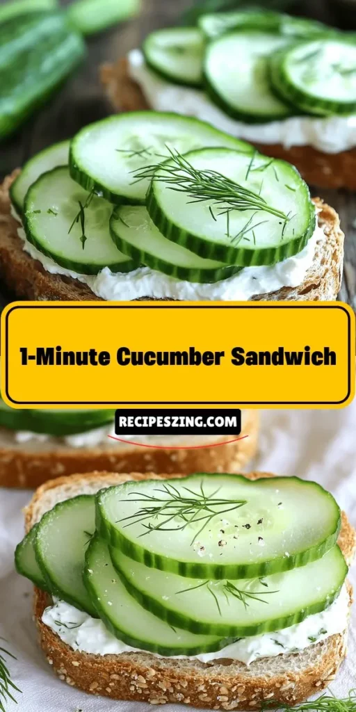 Looking for a quick and healthy snack? Try the Crunchy Fresh 1-Minute Cucumber Sandwich! This vibrant delight is made with whole grain bread, fresh cucumbers, and your choice of creamy spread, like cream cheese or Greek yogurt. Packed with hydration and nutrients, it's a perfect light lunch or afternoon treat. Customize with fresh herbs for added flavor and enjoy a nutritious meal in just a minute! #CucumberSandwich #HealthySnacks #QuickRecipes #Nutrition #SimpleMeals