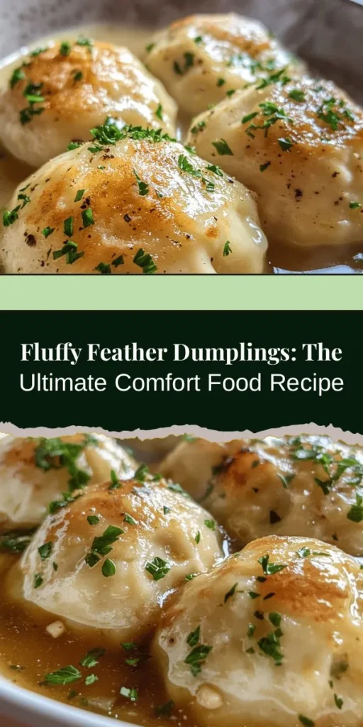 Discover the warmth and comfort of Fluffy Feather Dumplings with this delicious recipe! Perfect for family dinners, these dumplings are light, airy, and easy to make. With a rich history and endless variations, dumplings are a beloved dish worldwide. Elevate yours with fresh herbs or a drizzle of sesame oil. Whether nestled in broth or served alongside a stew, they are sure to delight. Try making these delightful dumplings today! #Dumplings #ComfortFood #CookingAtHome #FamilyMeals #RecipeIdeas