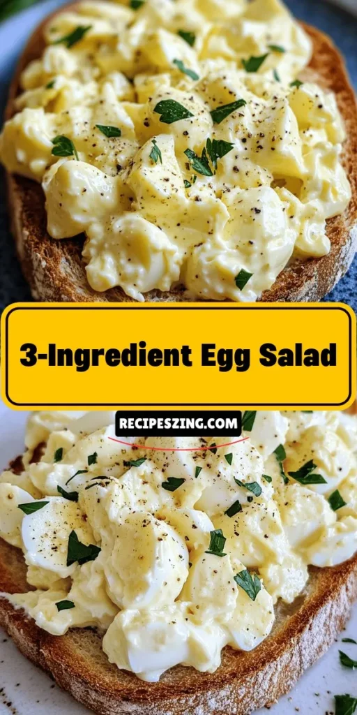 Discover the ultimate 3-Ingredient Egg Salad Delight that's perfect for quick meals! With just hard-boiled eggs, mayonnaise, and Dijon mustard, you can whip up a creamy, flavorful dish in minutes. Enjoy it as a sandwich, in lettuce wraps, or with crackers for a delicious snack. This versatile recipe is not only easy to make but also packed with protein and nutrients. Try it today and elevate your lunch game! #EggSalad #QuickRecipes #HealthyEating #EasyMeals #YummyFood