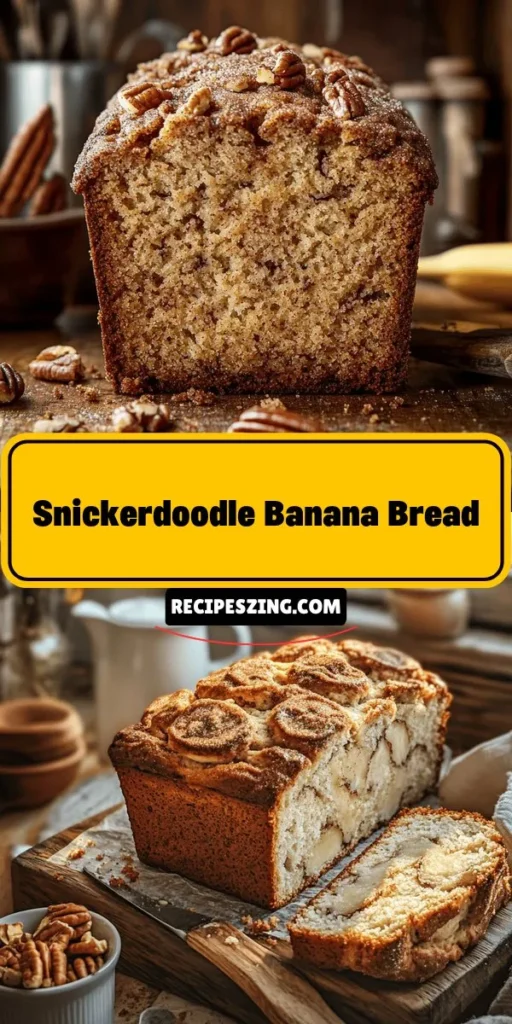 Elevate your banana bread game with this delicious Snickerdoodle Banana Bread! Combining the rich flavors of ripe bananas with the warmth of cinnamon-sugar, this easy recipe is perfect for bakers of all levels. Whether enjoyed fresh or toasted, it's a delightful treat for any occasion. Add a cup of coffee or a spread of cream cheese, and you're in for a treat! Try it today! #SnickerdoodleBananaBread #Baking #BananaBread #Dessert #ComfortFood #Homemade