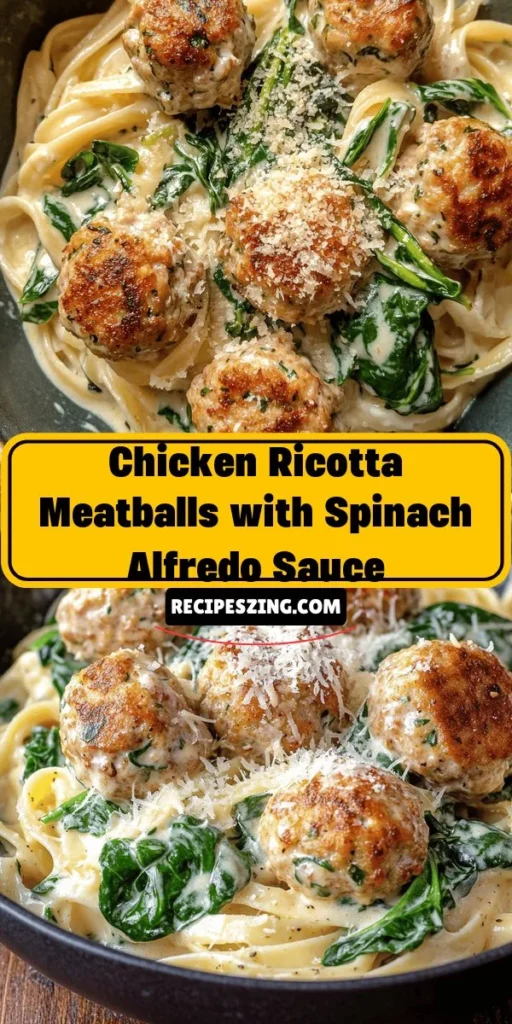 Indulge in a culinary delight with these Chicken Ricotta Meatballs smothered in creamy Spinach Alfredo Sauce. This recipe brings together lean ground chicken, ricotta, and fresh spinach for a healthy yet comforting dish that's perfect for family dinners. Enjoy every savory bite while nourishing your body with wholesome ingredients. Try it out and elevate your dinner game! #ChickenMeatballs #AlfredoSauce #HealthyCooking #ComfortFood #RecipeIdeas #Foodie