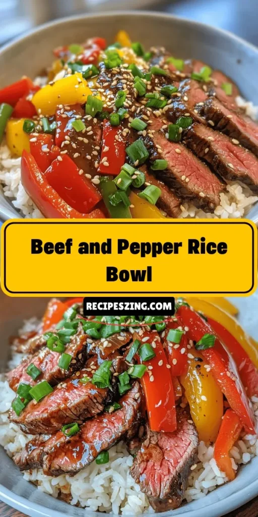 Savor the deliciousness of a Beef and Pepper Rice Bowl! This quick, vibrant meal features tender beef sirloin and colorful bell peppers served over fluffy jasmine rice. Packed with flavor and nutrients, it becomes a hearty dinner perfect for busy nights. Get ready to impress your family with this easy recipe that allows for endless vegetable variations. Enjoy restaurant-quality dining at home! #BeefAndPepperRiceBowl #QuickRecipe #HealthyEating #DinnerIdeas #Foodie